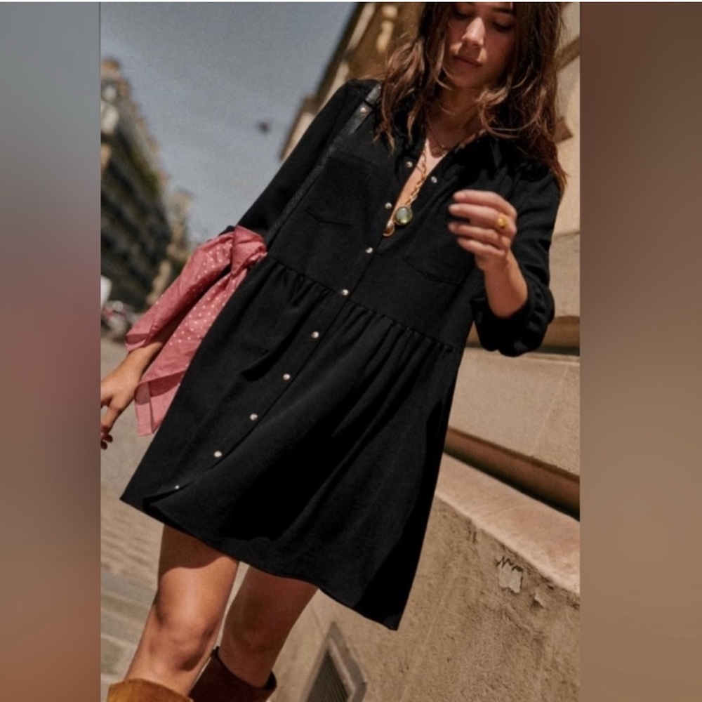 Sesame “Leana” Black Button-Down mini Dress